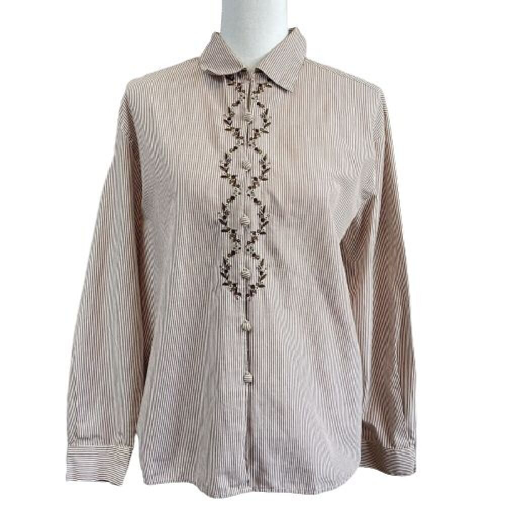 Shaver Lake Women's Sz 14 Wine Brown Striped Button Down Shirt Floral Embroidery